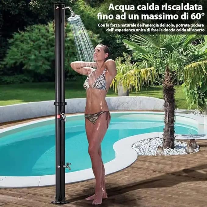 BAKAJI Ducha Solar para jardin Piscina Exterior Camping deposito de 35 litros con alcachofa Ajustable para Lavar pies Mezclador de Agua Caliente conexion Manguera de jardin